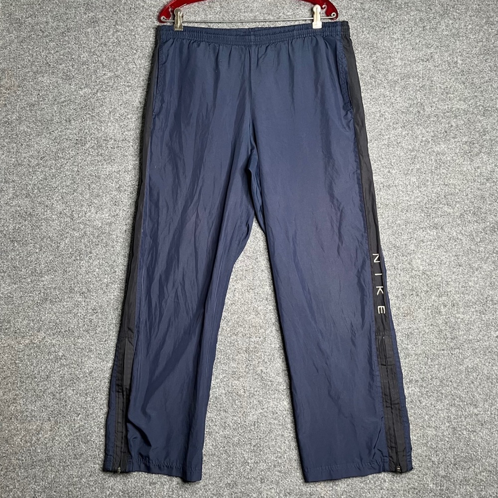 Y2K Nike Mens Navy Blue Windbreaker Track Pants Black Side Stripe Ankle Zip XL